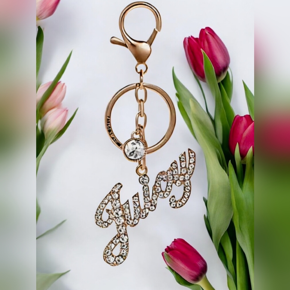 NEW Juicy Couture Gold and Crystal Bag Charm And  Key Holder 5" New In The Box
